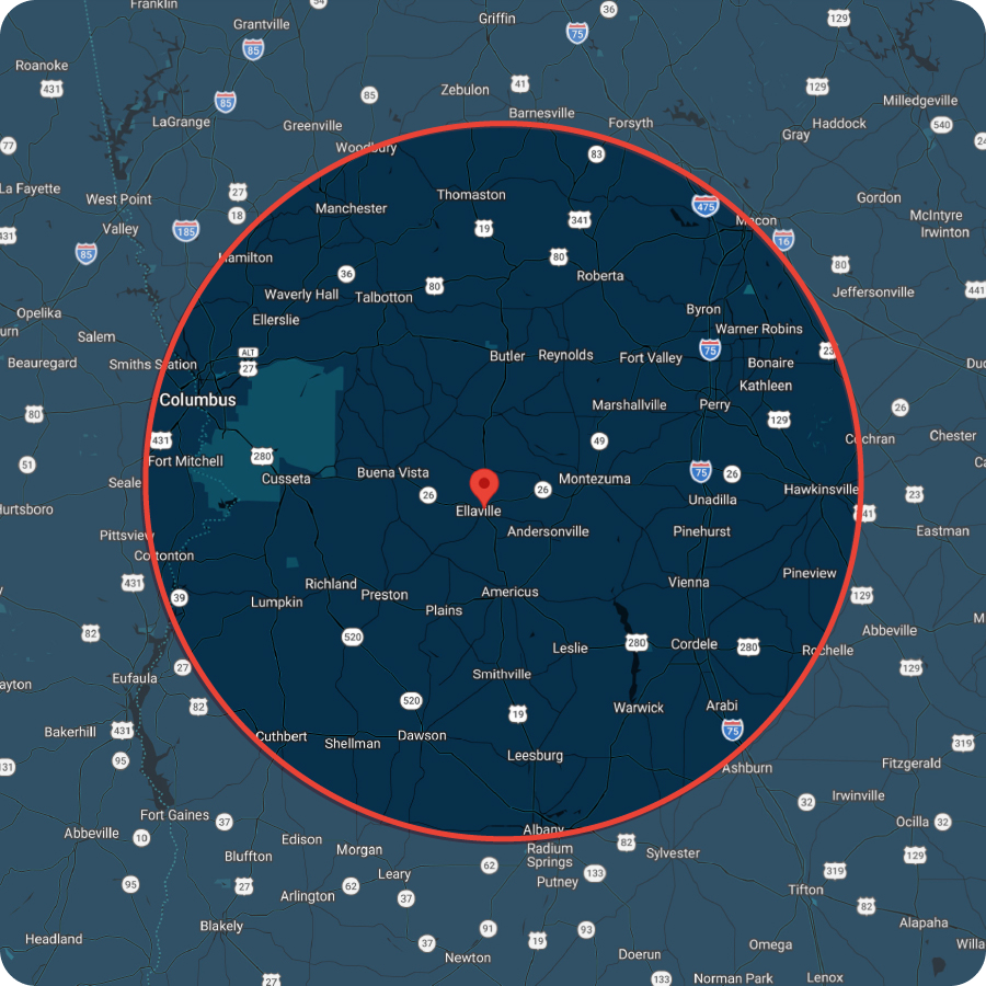 Map showing Stephens Seamless Gutters 60-mile service radius in southwest Georgia